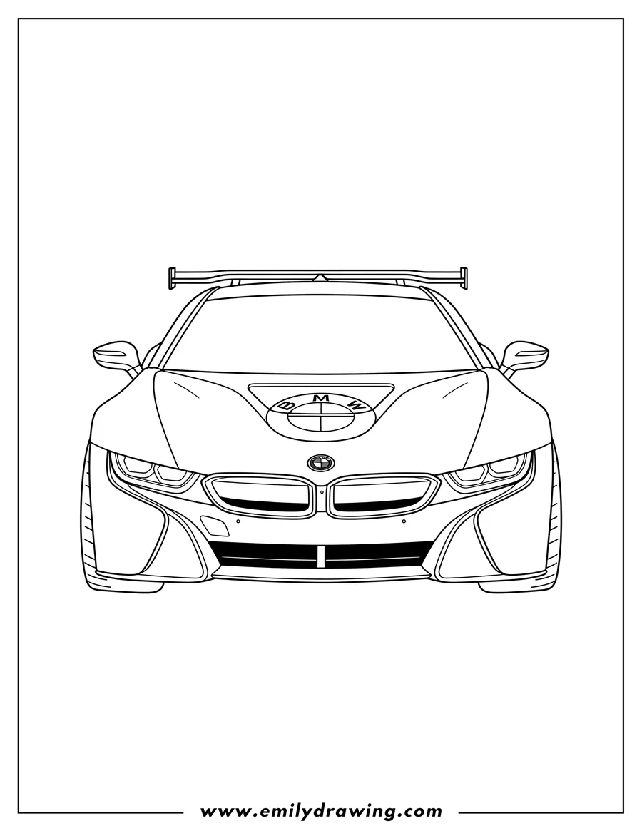 Vector style outline of front BMW i8 Race Car with a large rear spoiler and BMW logo