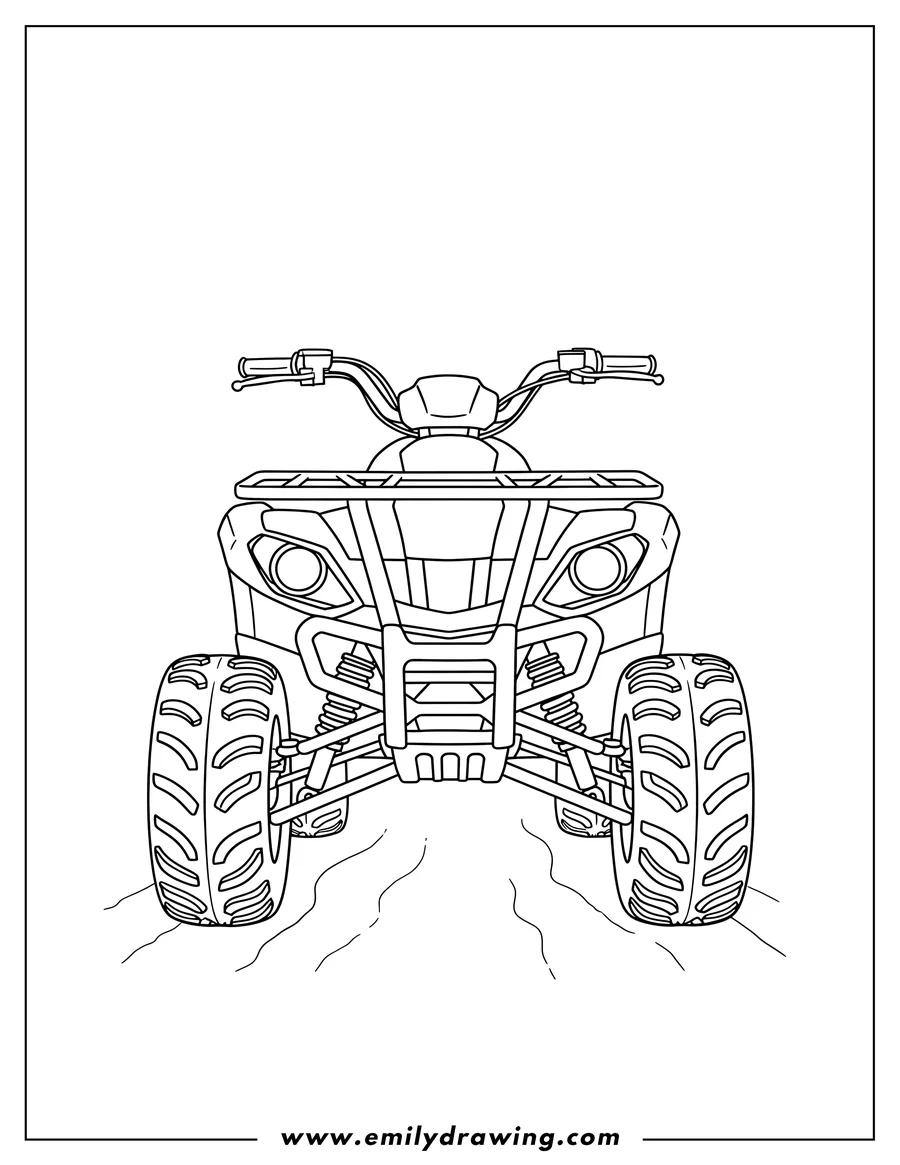 Doodle style coloring picture of front View Atv with a front rack and handlebars
