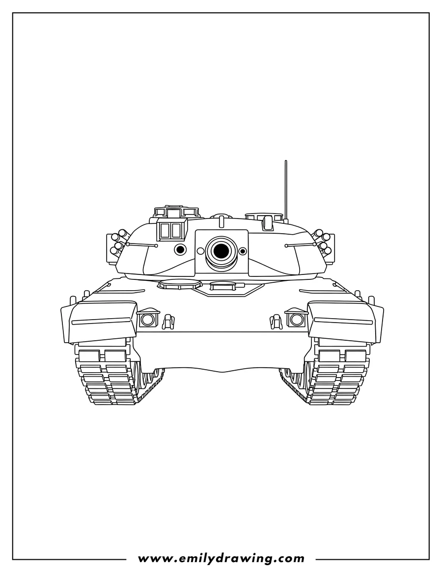 Printable line art of front View Merkava 4 Tank with a big cannon and visible tracks