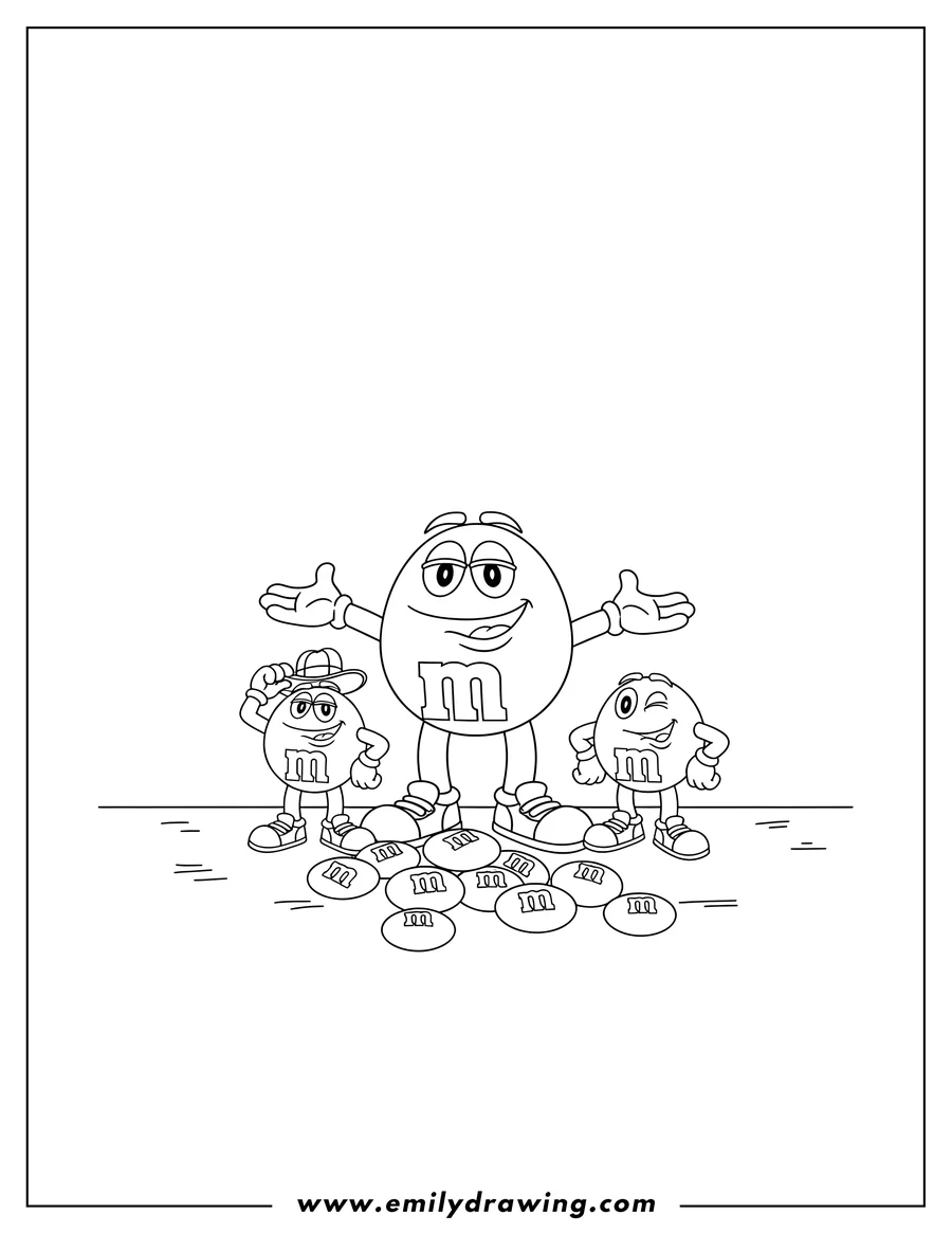 Outline drawing of full M&M's chocolate candies, outlined for coloring