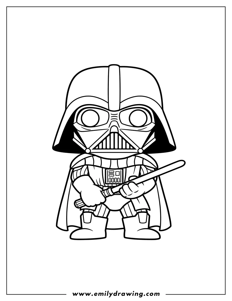Coloring sheet featuring easy Funko Pop Darth Vader holding a lightsaber