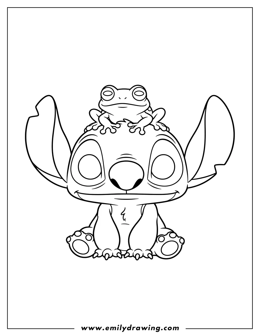 Printable line art of funko Pop Stitch sitting with a relaxed frog on his head