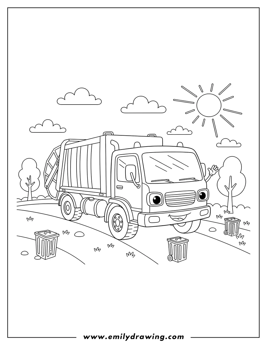 Downloadable coloring page of garbage Truck Driving On Road Scaled, line art