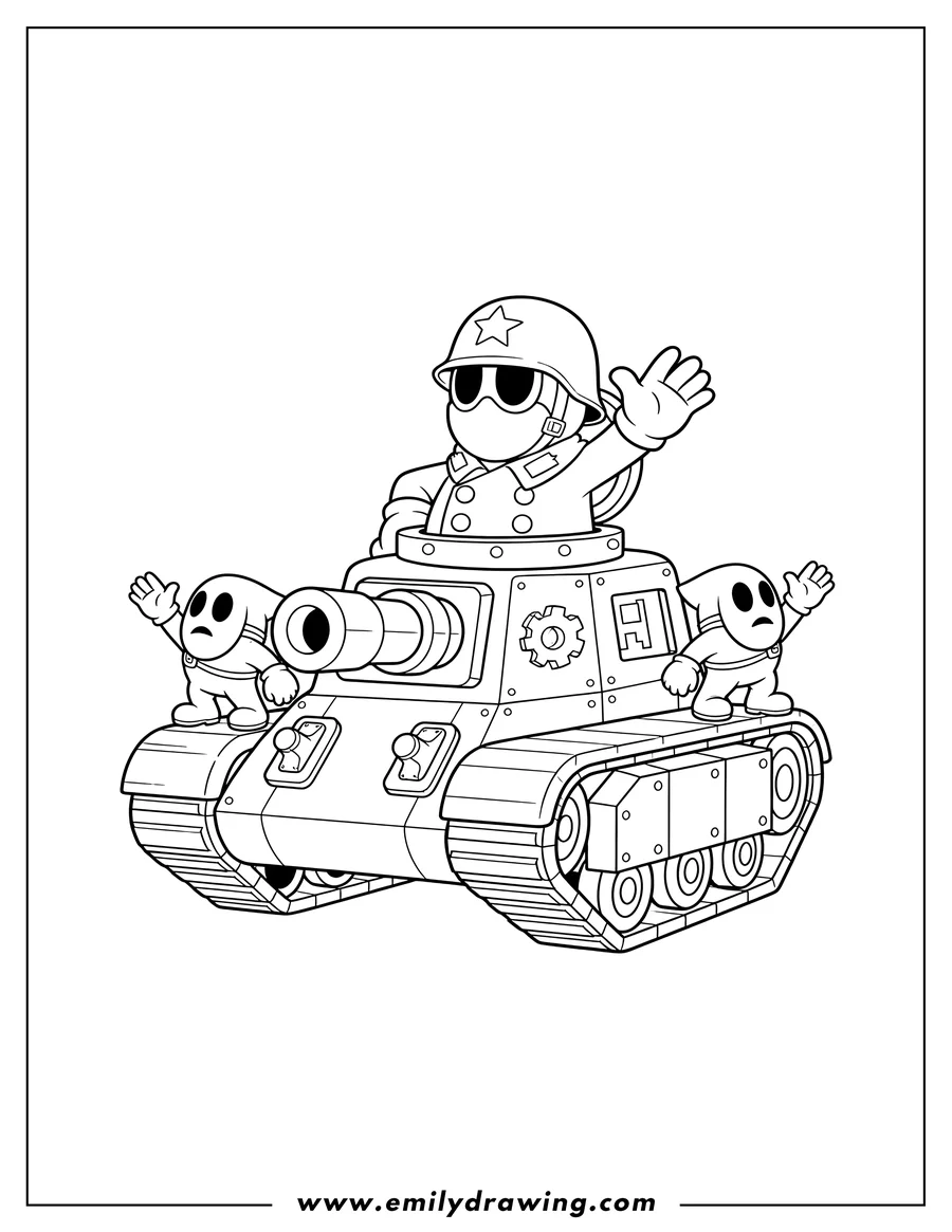 PDF style coloring page: general Guy in his tank with two waving Shy Guys
