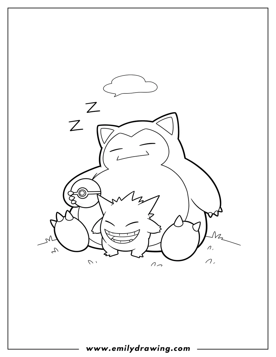 Outline drawing of easy Outline Gengar and Snorlax sleeping, Snorlax holding a Poké Ball, Gengar smiling