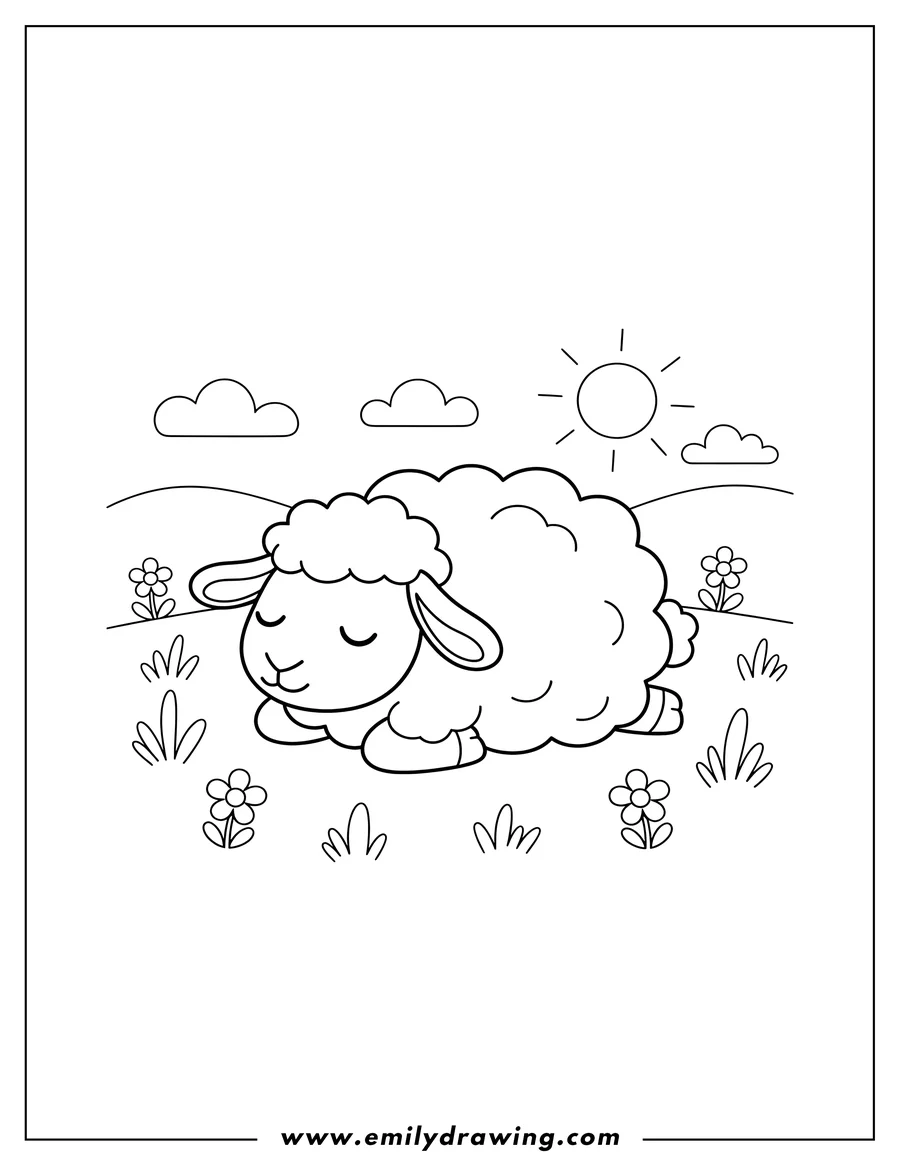 Black and white line art of gentle cartoon sheep lying down with eyes closed, dozing off in a quiet meadow, for preschoolers