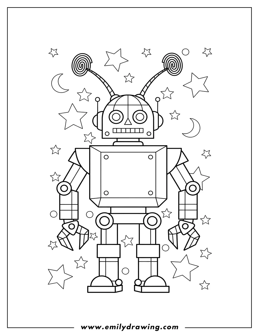 Black and white line art of A standing geometric robot with antennas and claw hands, with starry background