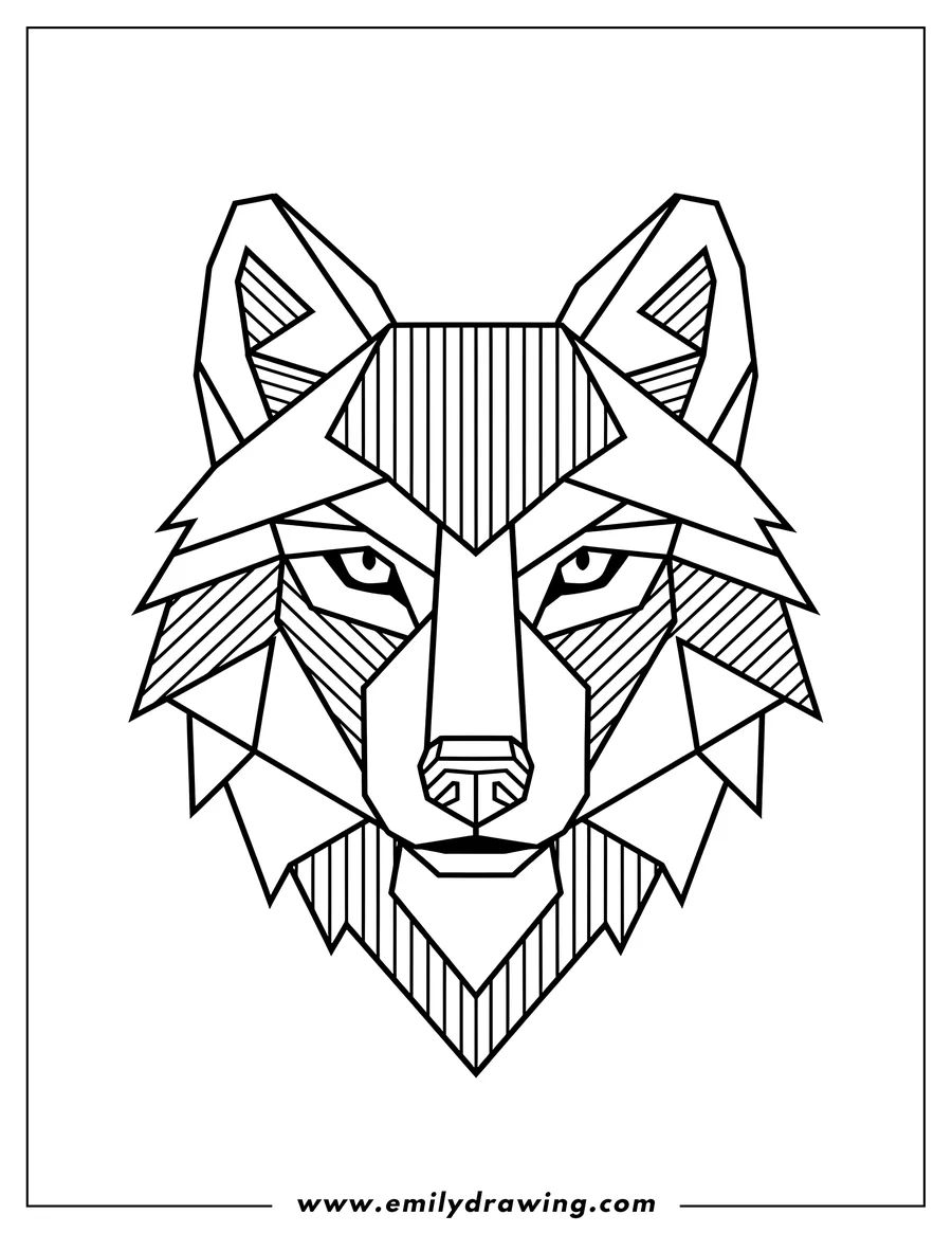 Clean line drawing: geometric wolf face, composed of angular shapes, some with striped patterns