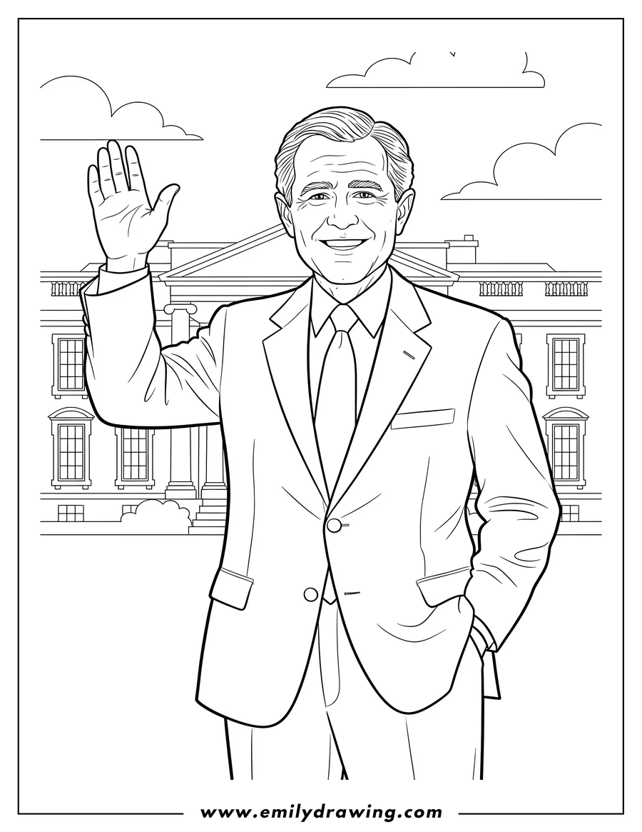 Downloadable coloring page of united States George H. W. Bush smiling and wearing a suit