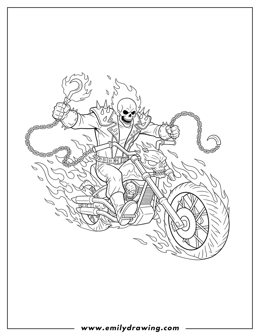 Simple sketch of ghost Rider on a flaming Hell Cycle, with a flaming skull, holding a chain to color