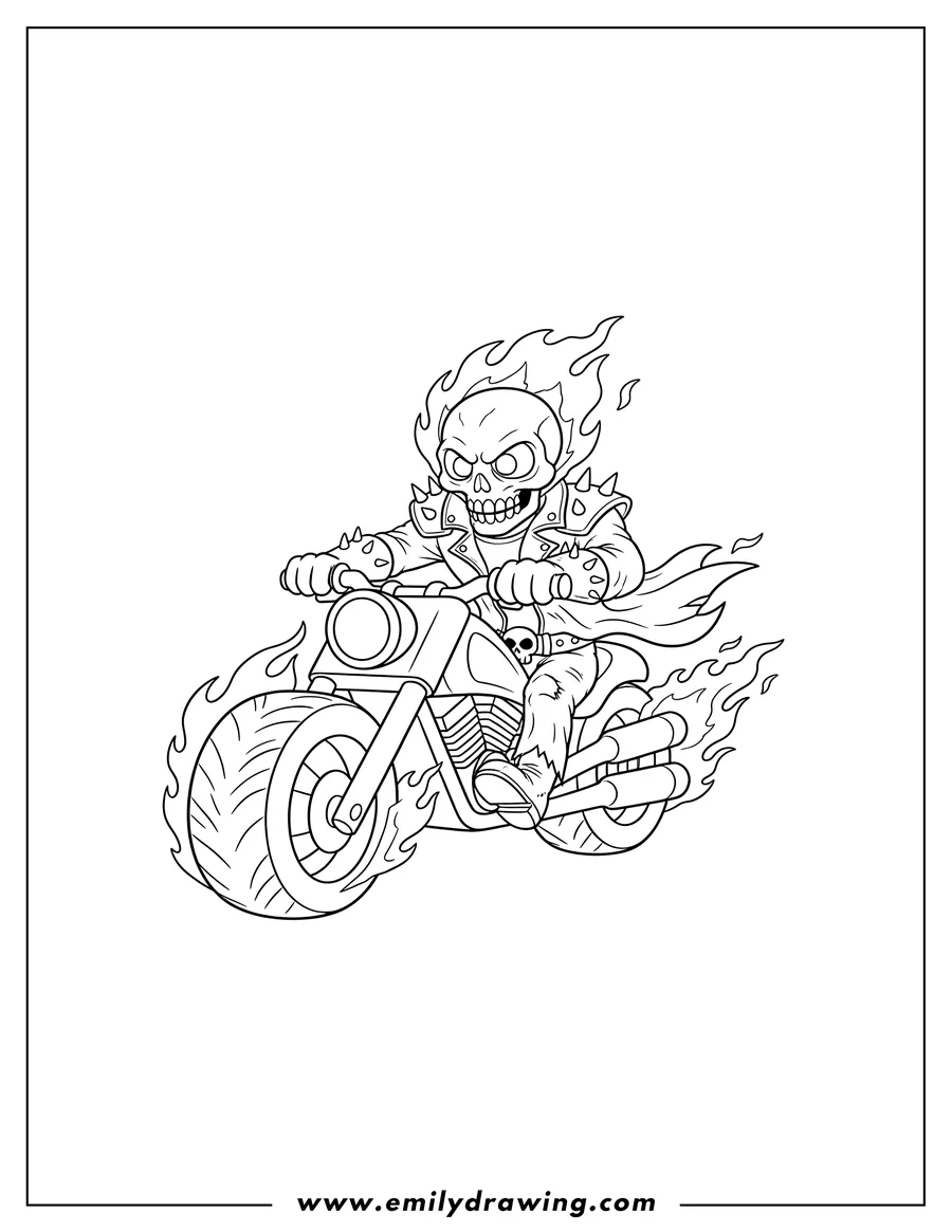 Linear illustration of easy Ghost Rider with a flaming skull riding a motorcycle with a flaming front wheel