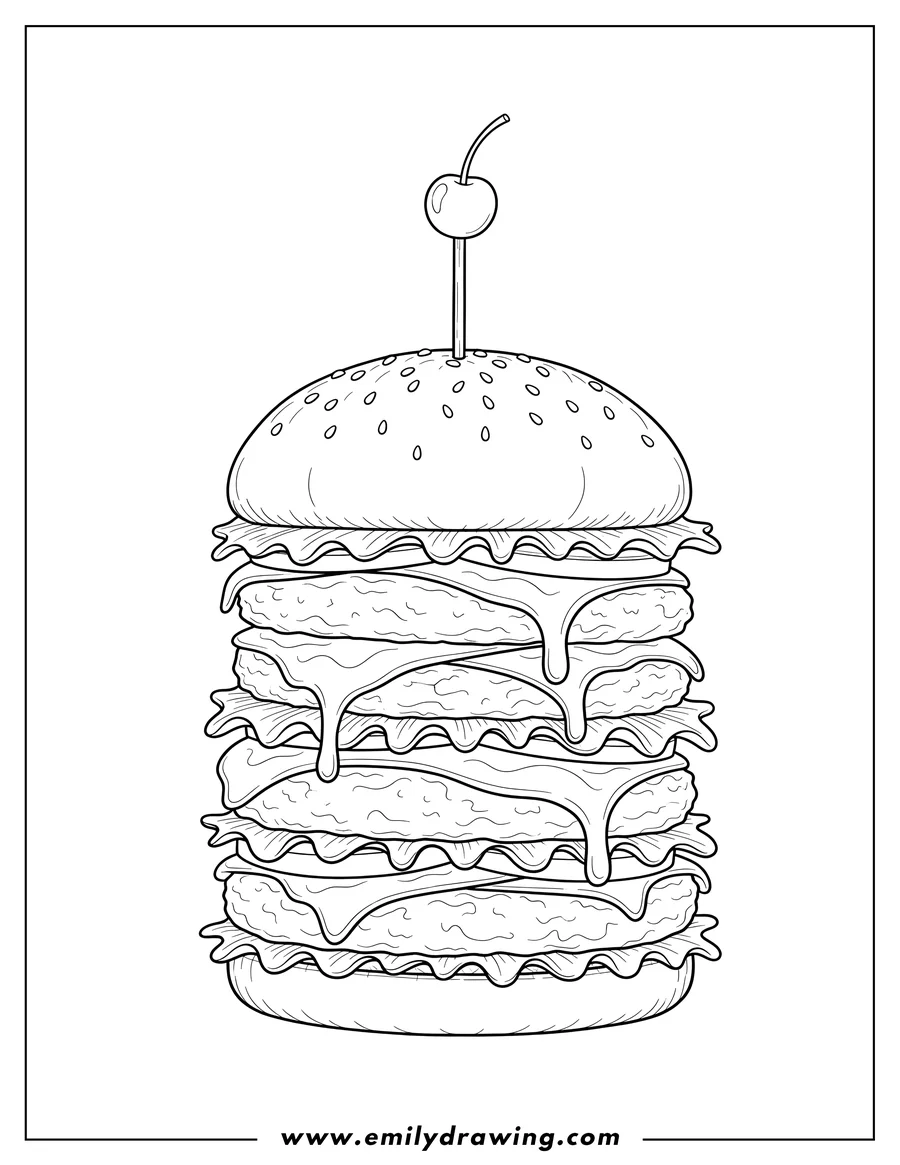 Black and white line art of giant Stacked Burger with melting cheese, large patties, and lettuce