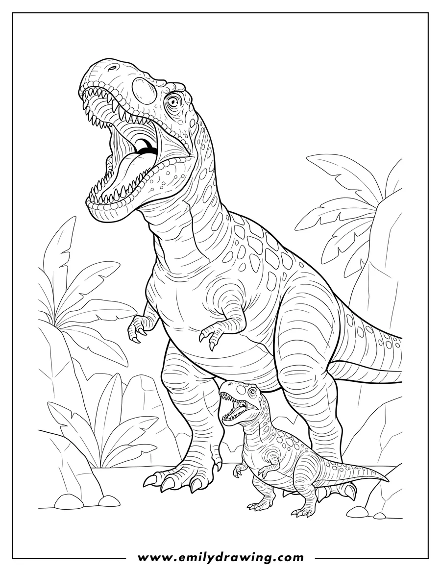 Doodle style coloring picture of gigantosaurus roaring with its mouth wide open at a smaller Mapusaurus