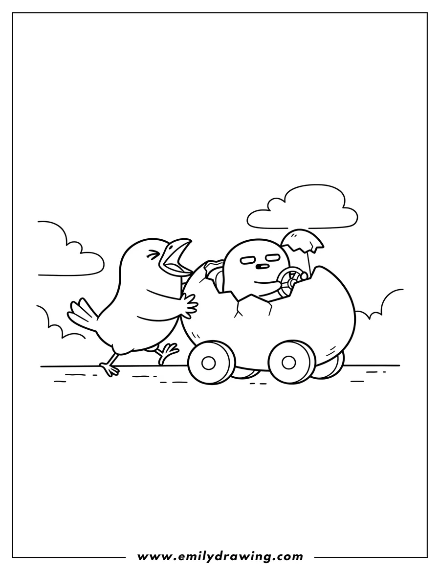 Free printable coloring sheet of gilbird with open mouth pushing Gudetama driving an eggshell car