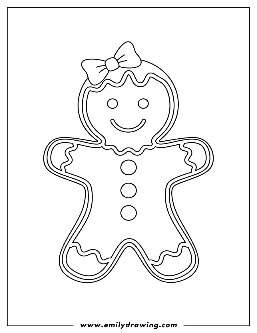 Coloring sheet featuring easy Gingerbread Girl, smiling, with a bow, buttons, and icing, for preschoolers