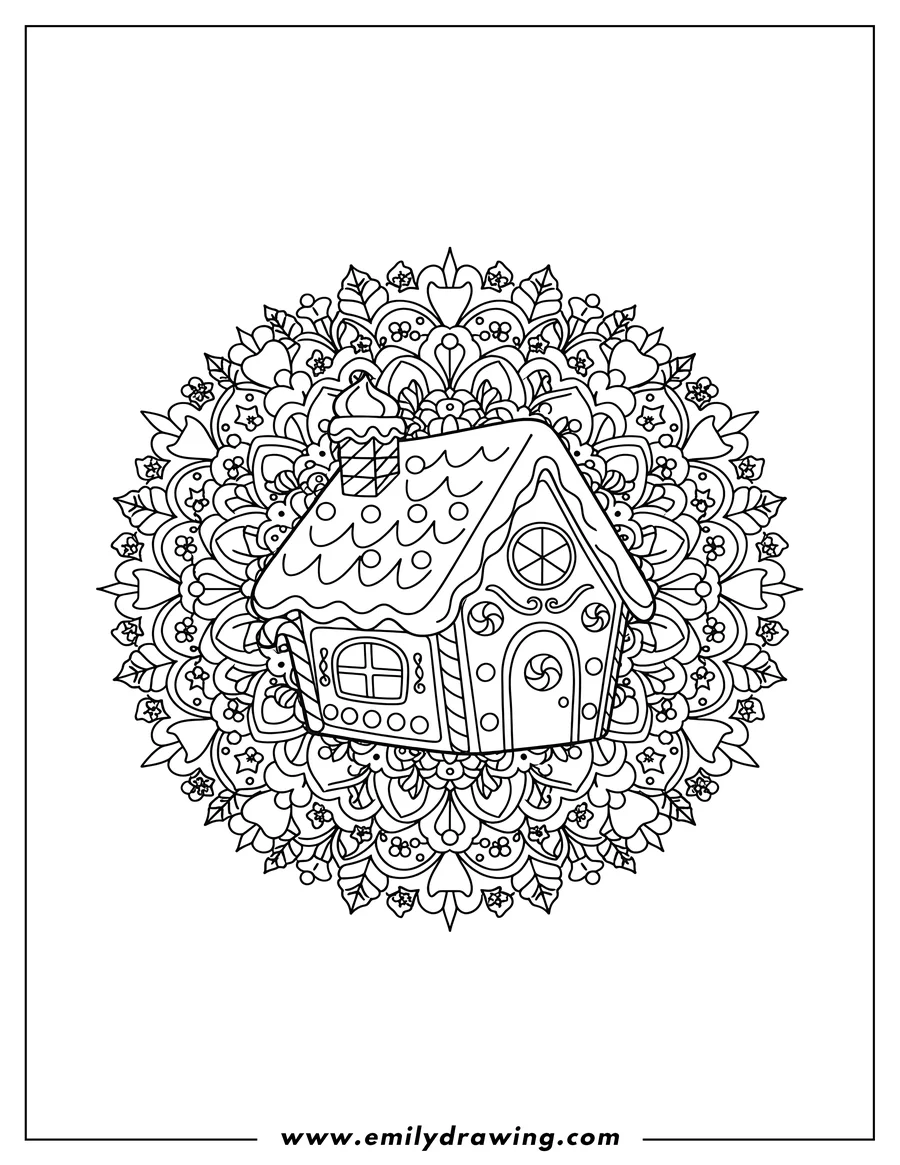 Coloring page for kids: easy Gingerbread House with candy cane and frosted chimney inside a Flower Christmas Mandala