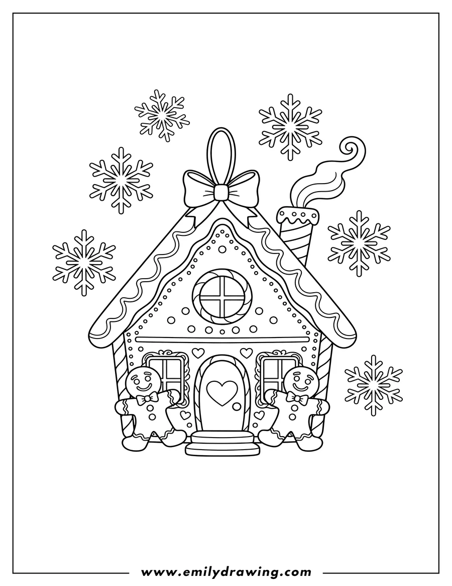 Doodle style coloring picture of easy Gingerbread House Ornament with gingerbread men and snowflakes