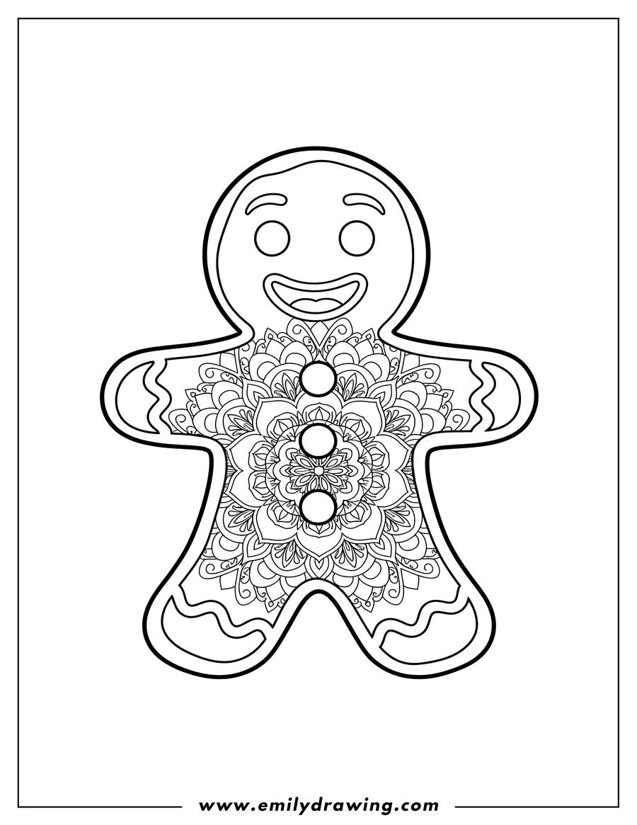 Printable line art of easy Gingerbread Man smiling with round eyes and three buttons Middle Intricate Mandala Adults
