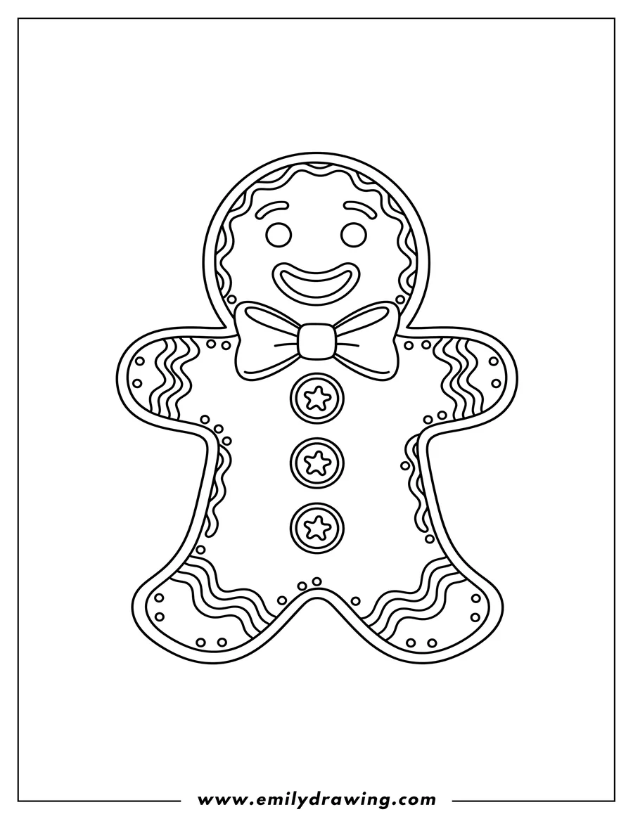 Printable coloring page of easy Gingerbread Man With Gum Drop Buttons, Smiling Face, Bow Tie, and Wavy Icing Trim To Color