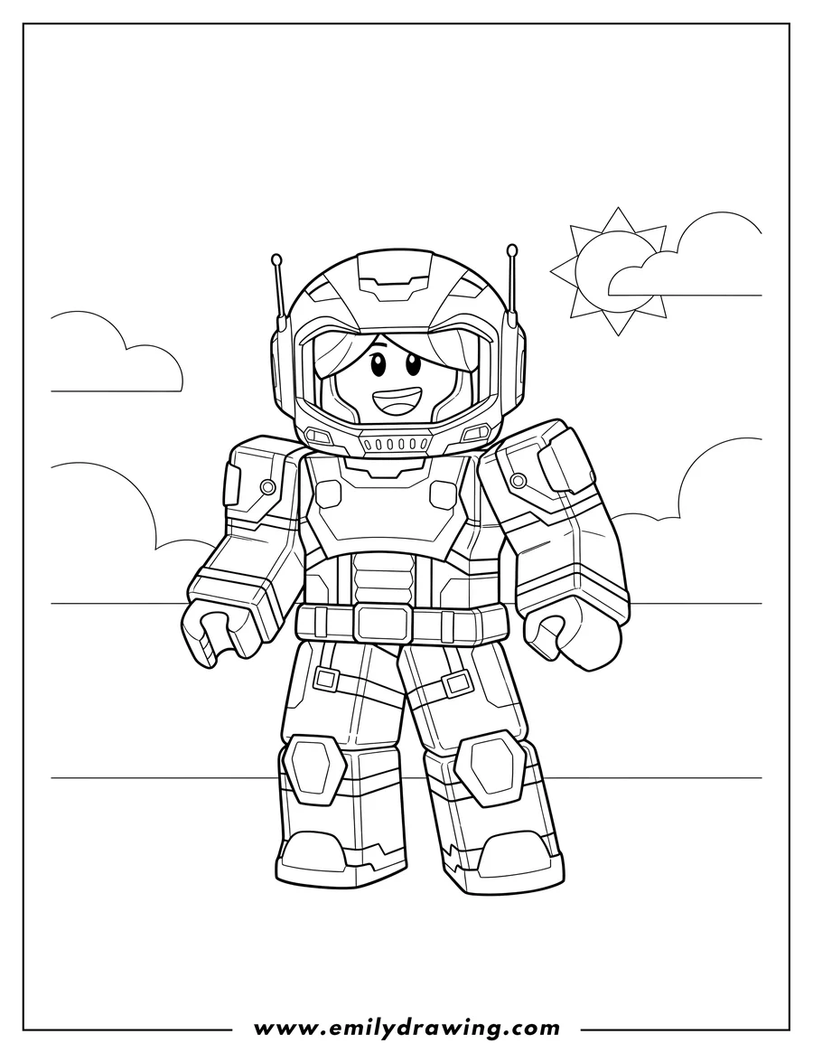 Printable line art of roblox girl character wearing a helmet, smiling, and standing