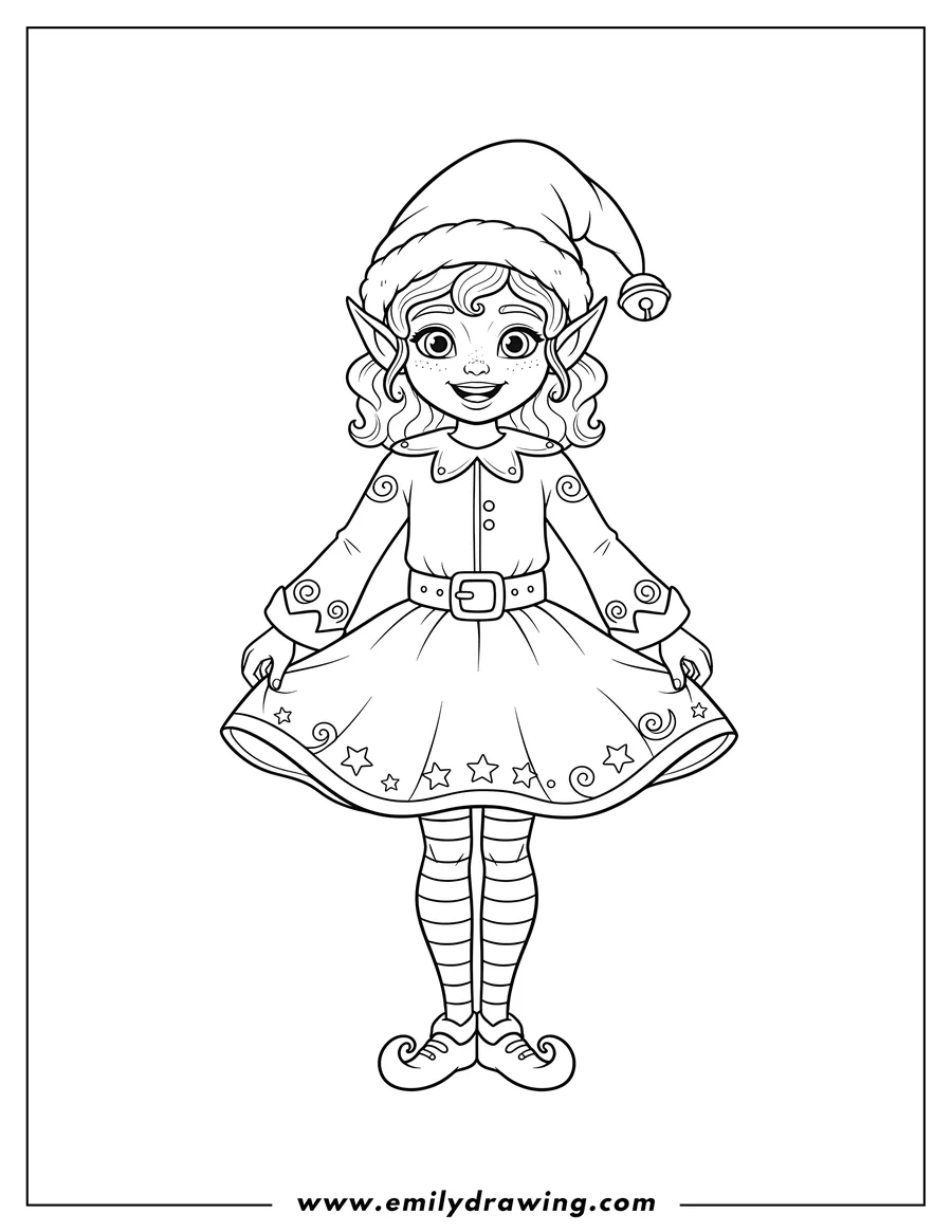 Full page coloring image of girl Christmas Elf, smiling, wearing a pointy hat, holding her skirt