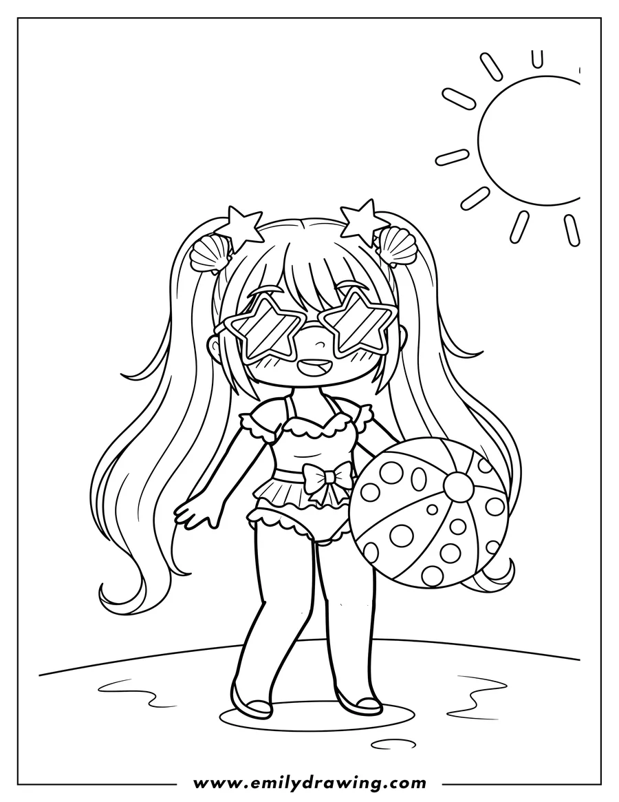 Full page coloring image of cute Gacha Life Girl in a swimsuit, wearing star-shaped sunglasses, holding a beach ball