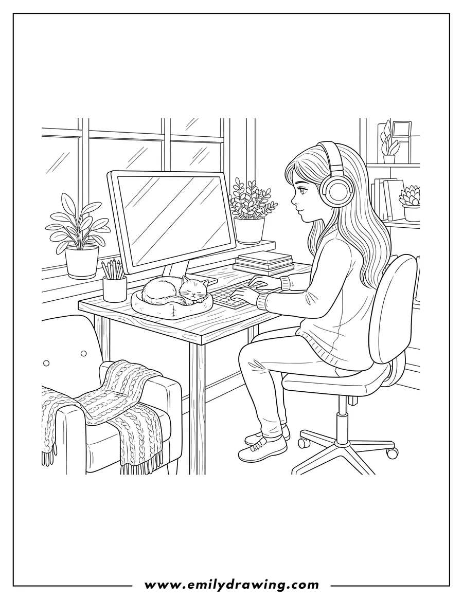 Doodle style coloring picture of girl with Headphones working at a computer with her cat in a cozy office with houseplants