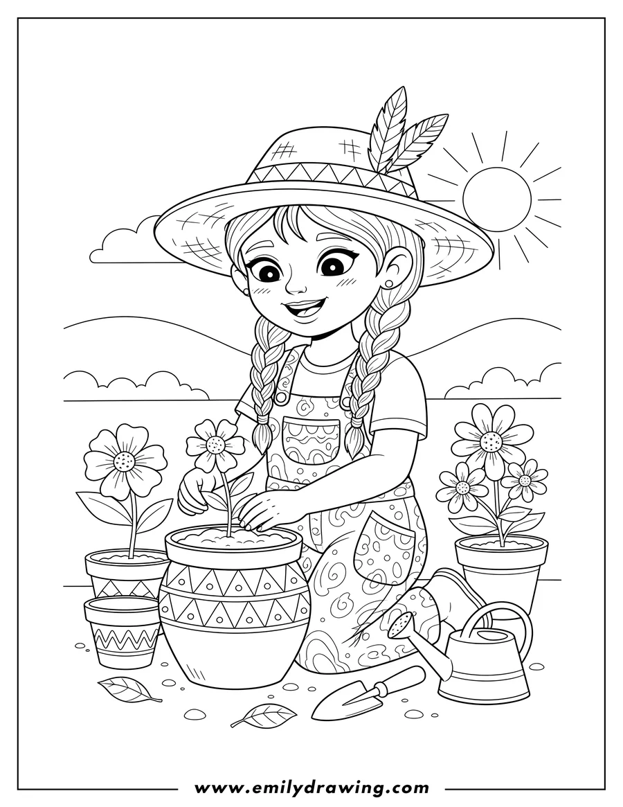 Free to print drawing of native American Girl with braided pigtails, wearing a feathered straw hat and overalls, planting flowers in a pot