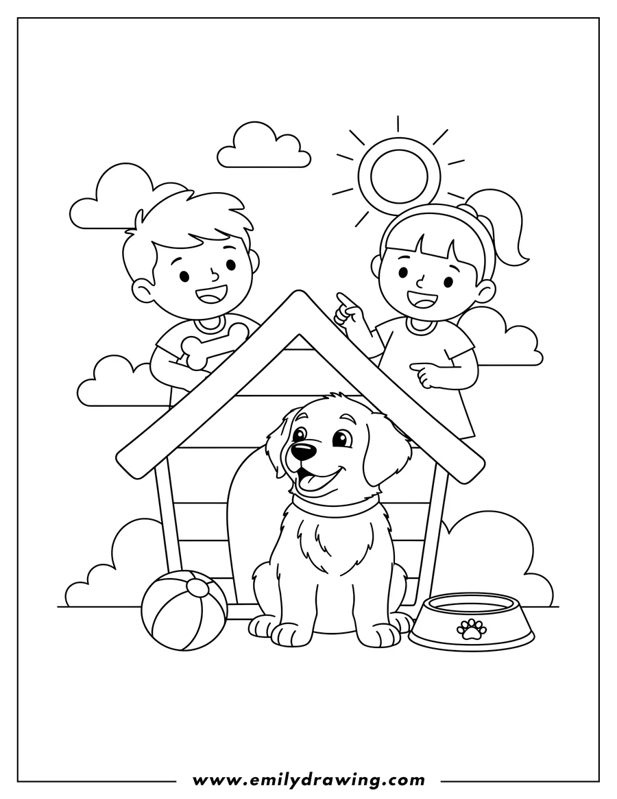 Printable line art of golden Retriever Puppy Sitting Front Dog House looking up with a ball and bowl Preschoolers