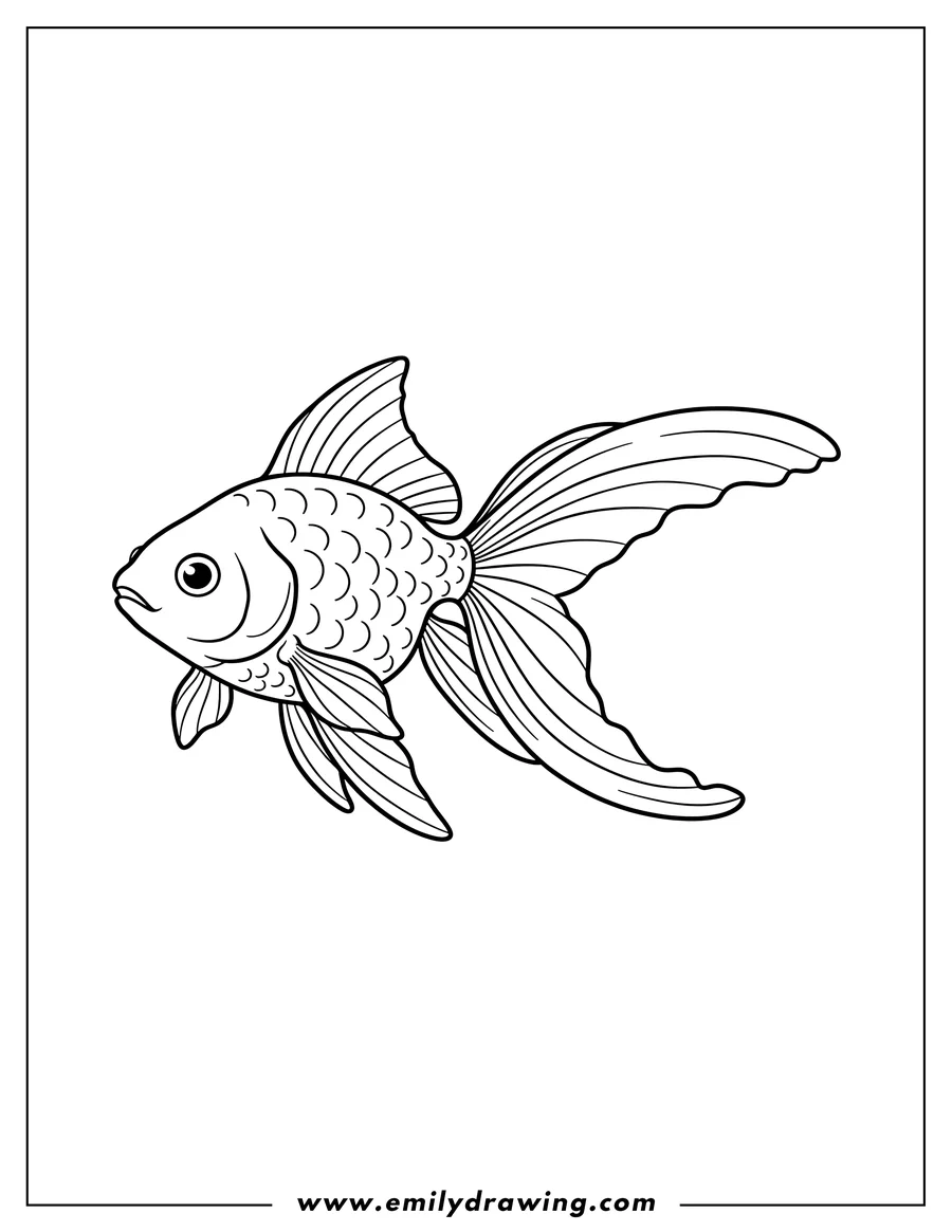 PDF style coloring page: easy Goldfish Outline with flowing fins