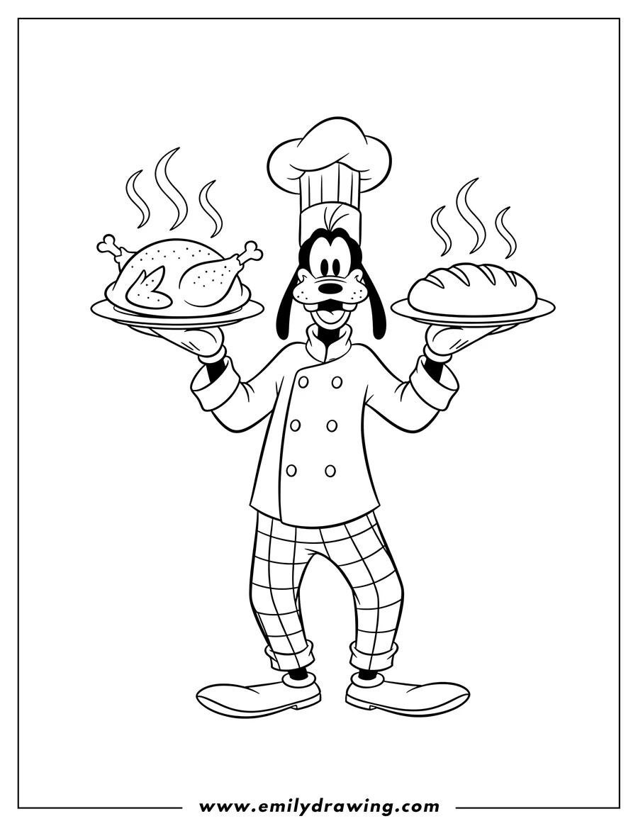 Vector style outline of easy Goofy as a chef holding two plates, one with a Thanksgiving turkey and the other with steaming bread