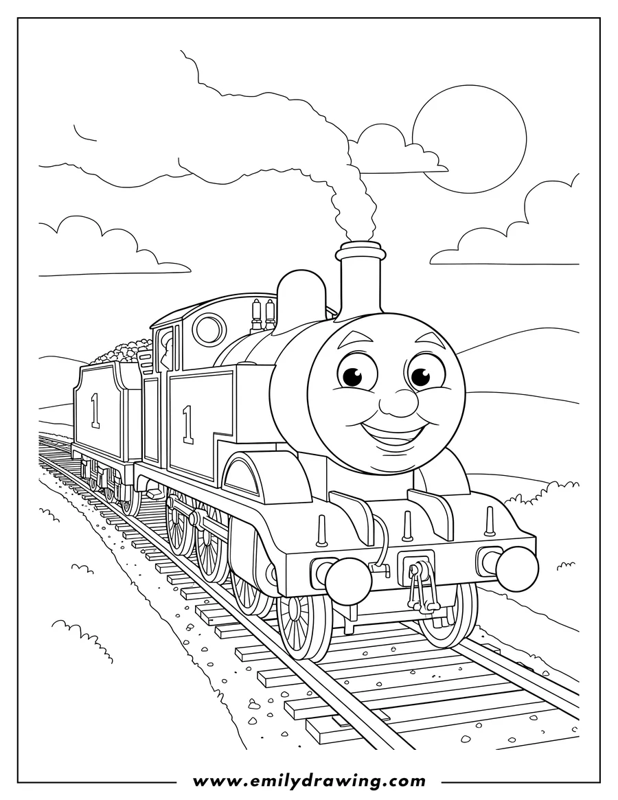 Outline drawing of gordon from Thomas and Friends smiling on train tracks with his tender