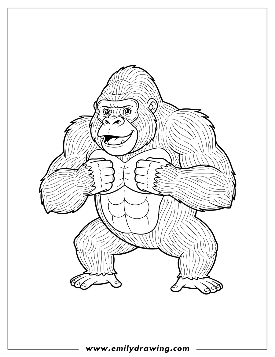 Doodle style coloring picture of gorilla Chest Beating Scaled, in a bent-over pose