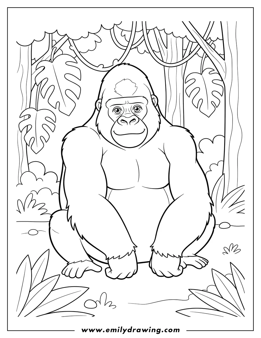 Black and white line art of gorilla sitting and looking forward in a jungle