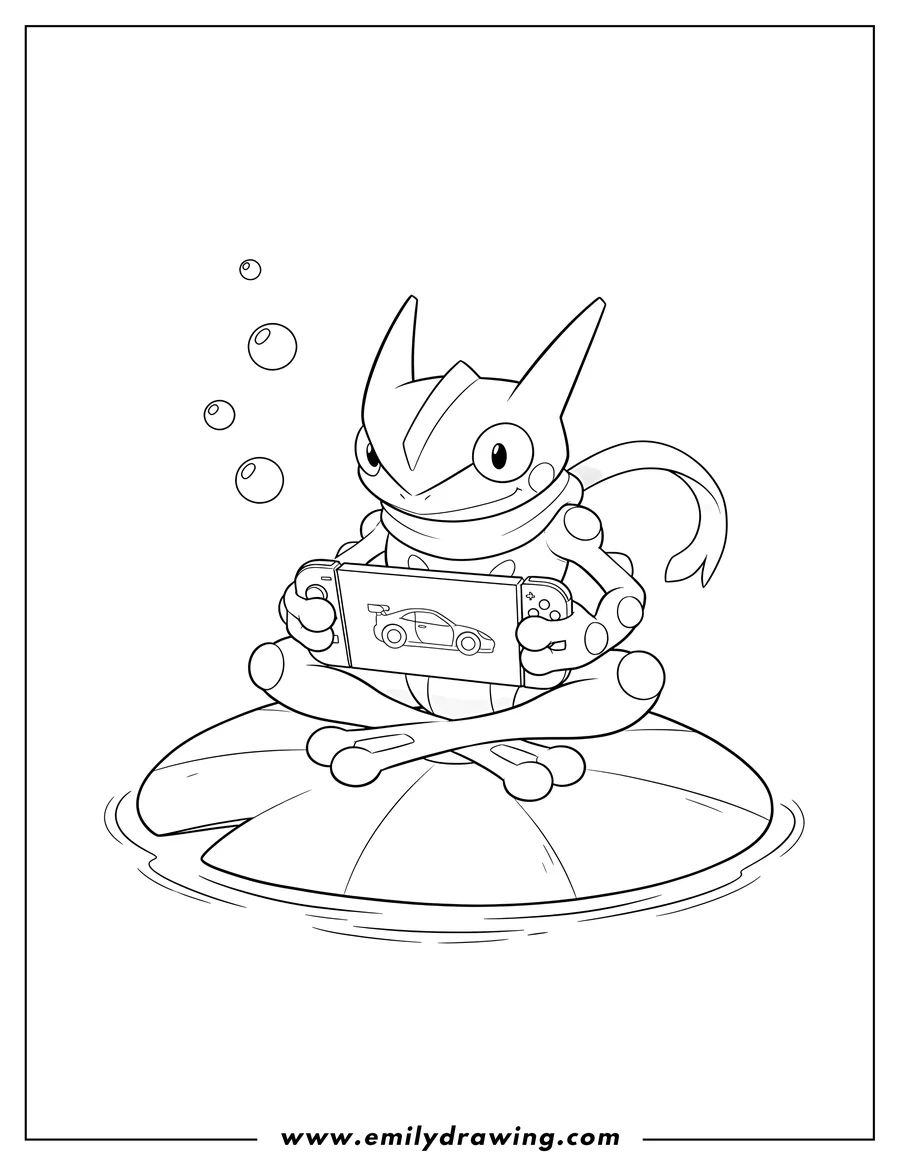 Linear illustration of greninja playing a Nintendo Switch