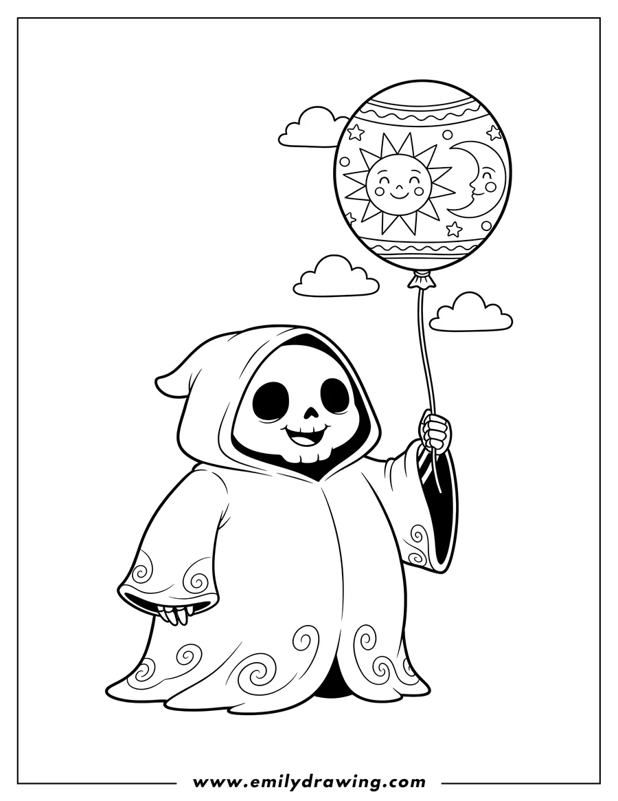 Vector style outline of easy, cute cartoon Grim Reaper in a hooded robe with a skull face holding a large balloon, for preschoolers