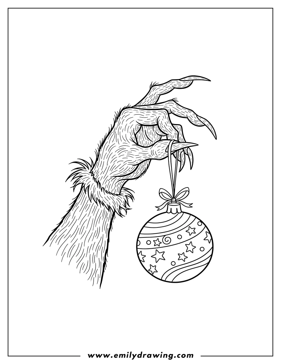 Linear illustration of grinch's hairy hand dangling a Christmas bauble