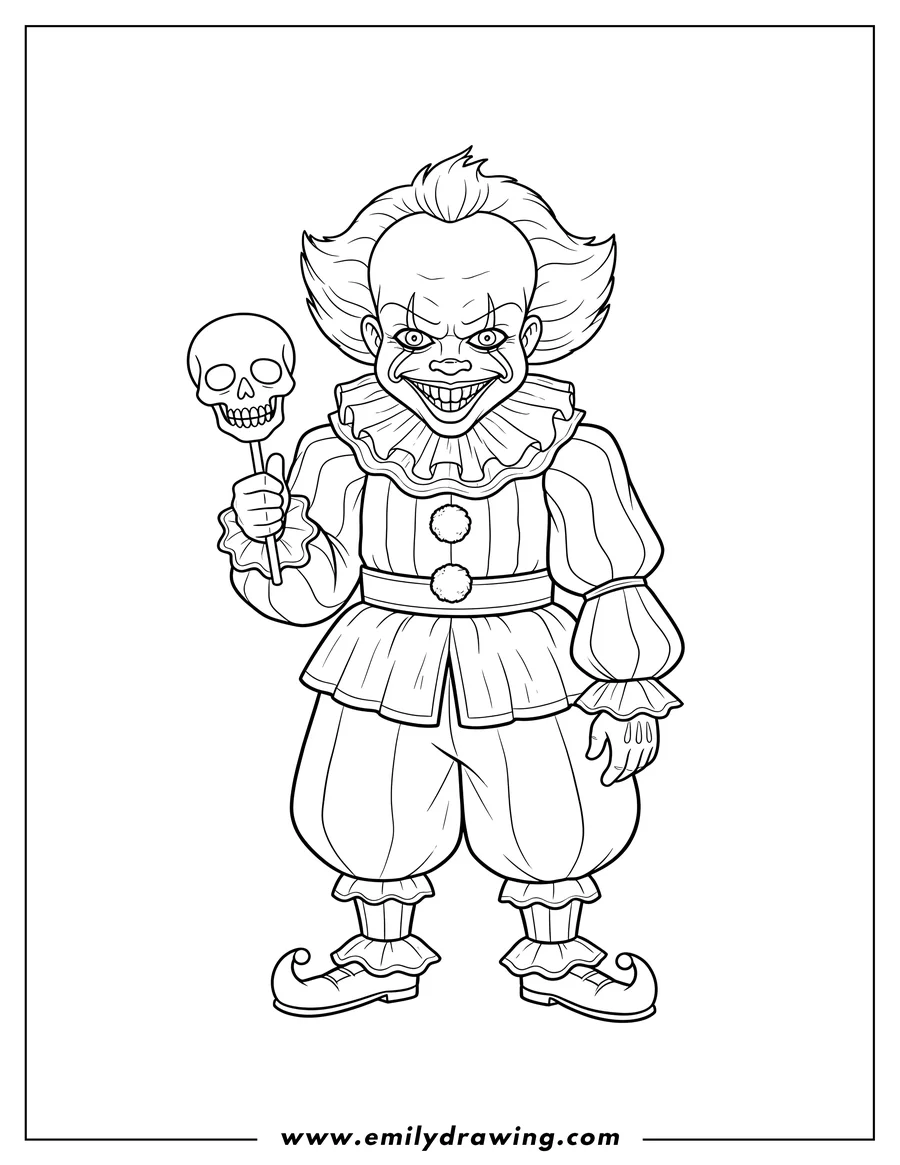 Full page coloring image of grinning Pennywise holding a skull lollipop, wearing a ruffled collar