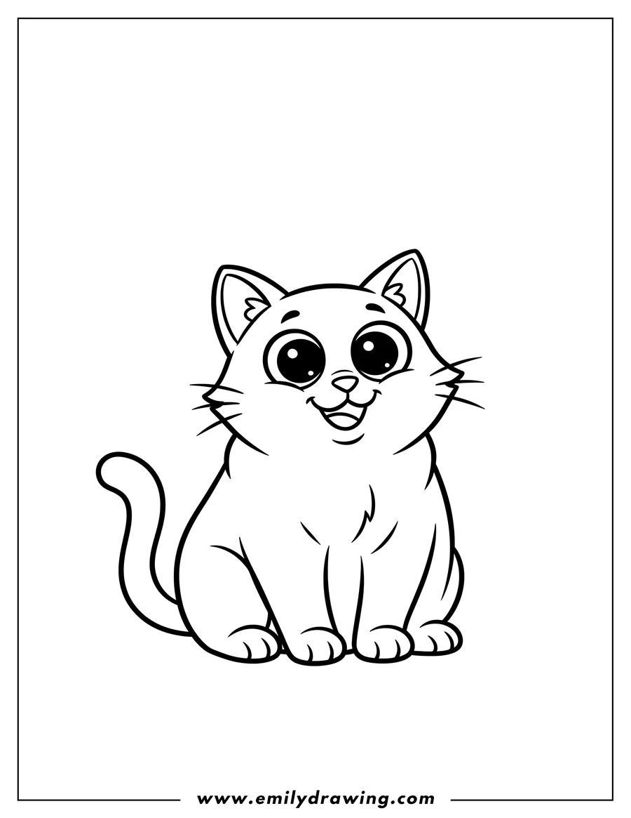 Black and white line art of easy Grinning Sitting Cartoon Cat with Big Eyes