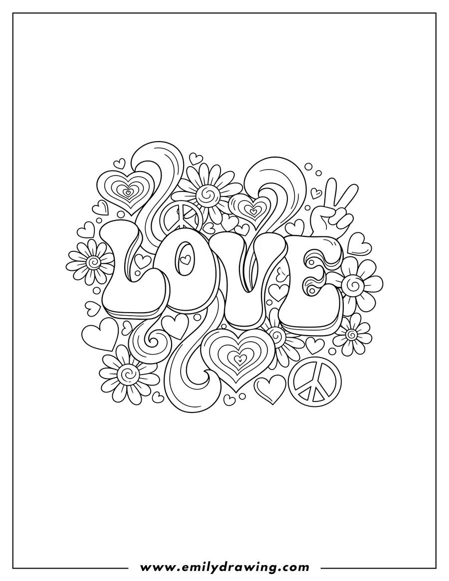 Clean line drawing: groovy Love Word design with flowing heart shapes, peace signs, and flowers