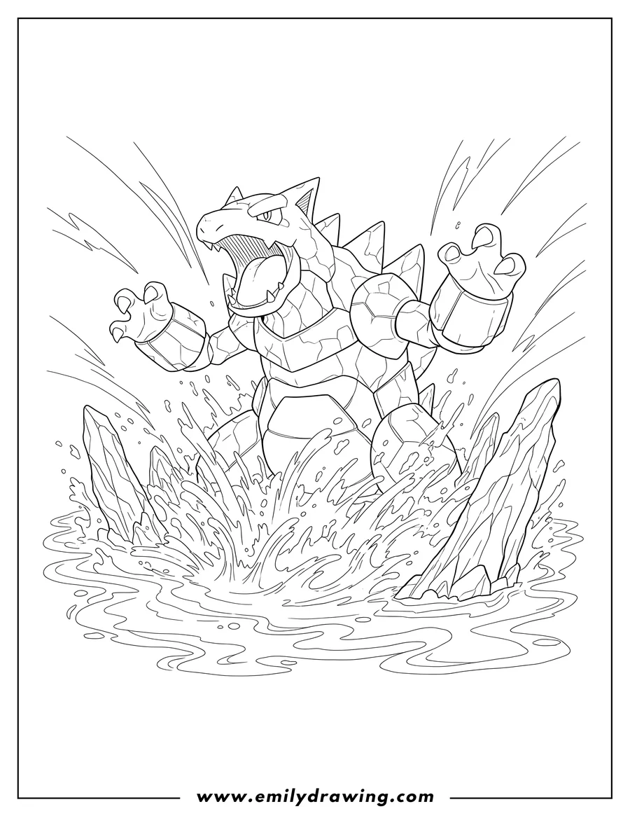High quality printable groudon Rising From Lava, mouth open and arms spread wide for coloring