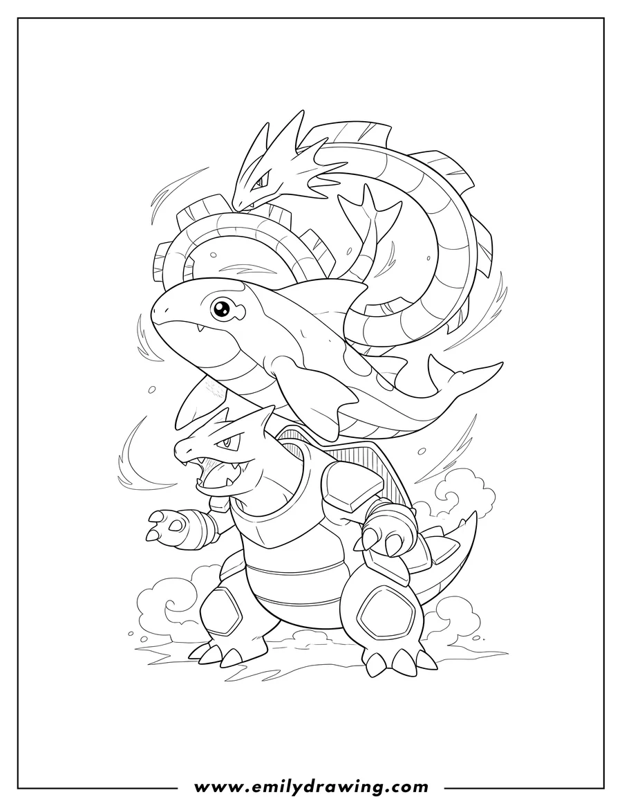 Clean line drawing: groudon With Kyogre And Rayquaza stacked in dynamic poses