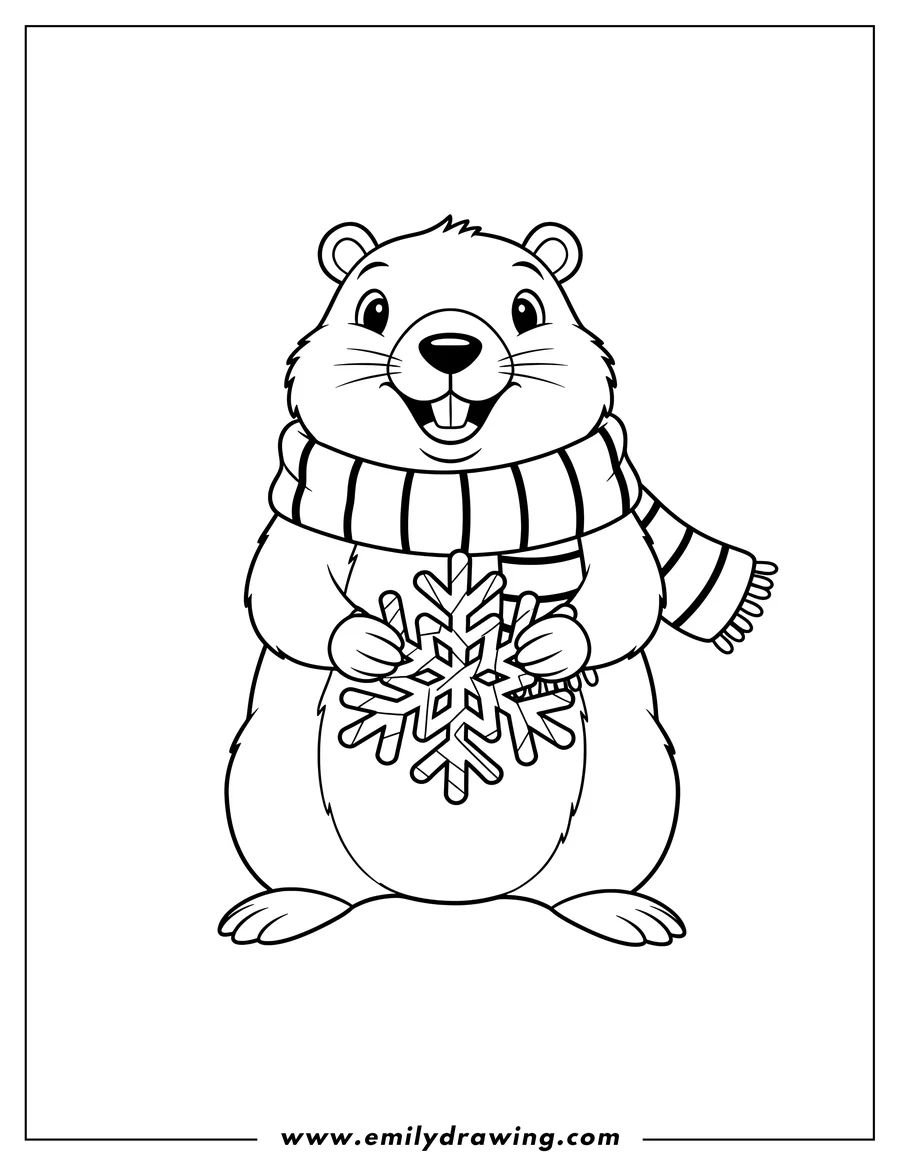 Printable coloring page of groundhog wearing a striped scarf and smiling, holding a snowflake