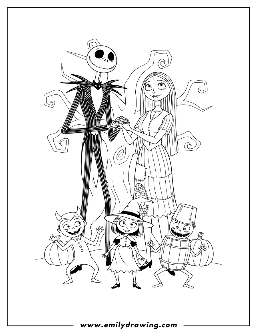 Coloring page of simple Nightmare Before Christmas Halloween featuring Jack Skellington, Sally holding his hand, and Lock, Shock, and Barrel