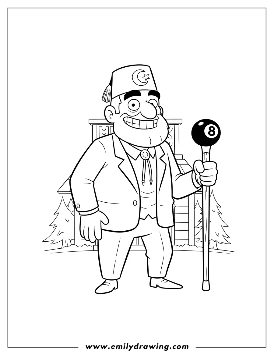 Clean line drawing: grunkle Stan Pines from Gravity Falls, smiling and holding an 8-ball cane