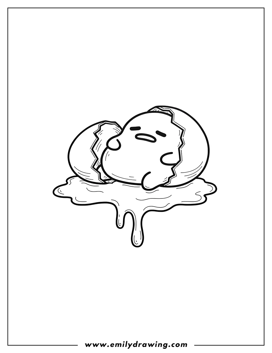 Clean line drawing: easy Gudetama Coming Out Egg, dripping, with a lazy expression