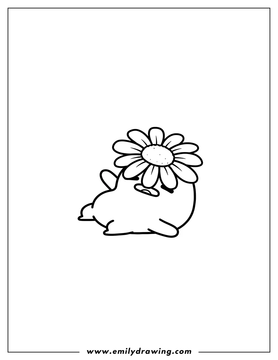 Outline drawing of easy Gudetama Outline lying down with a flower on its head