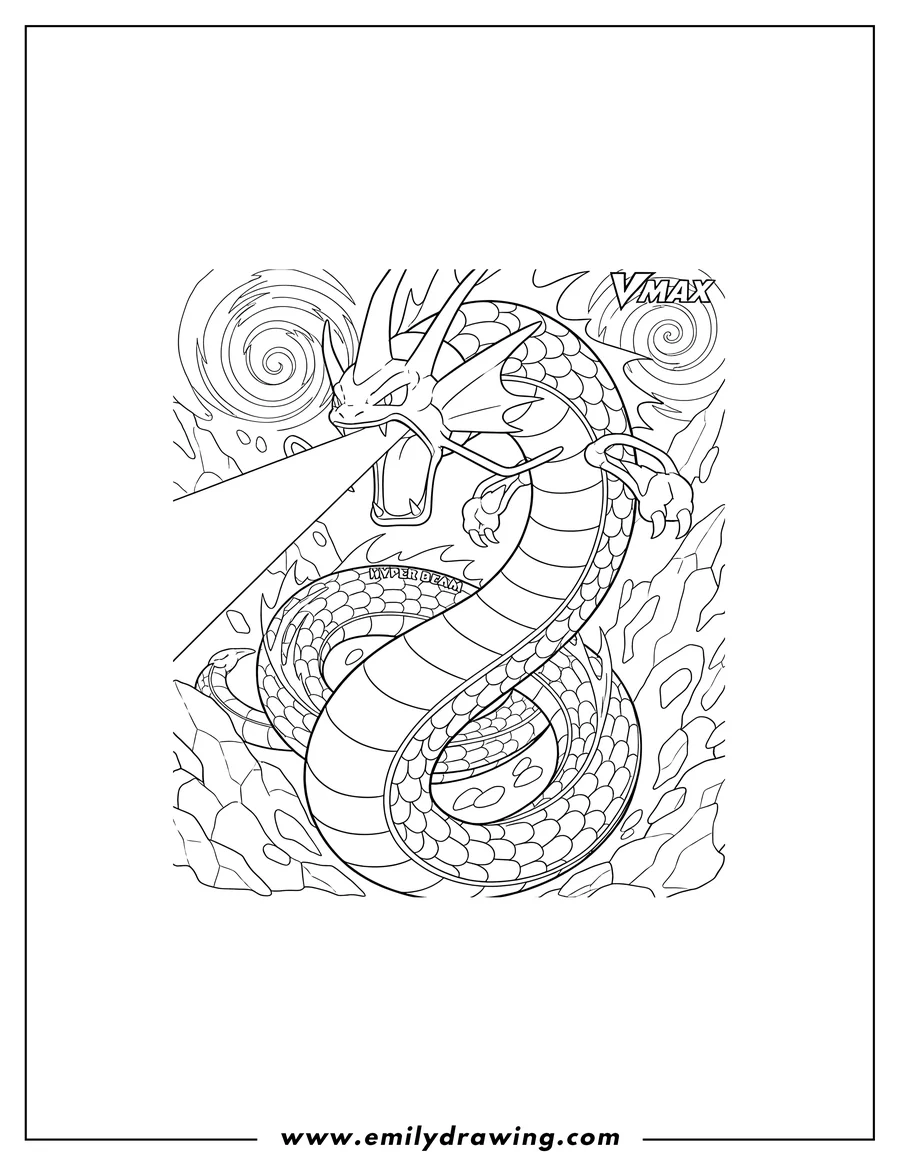Coloring sheet featuring gyarados VMAX Hyper Beam Pokemon card coloring page