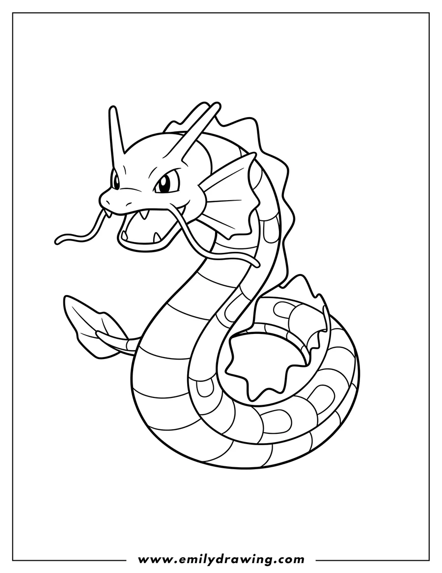 Free to print drawing of easy Gyarados Preschoolers, with a curved body and open mouth