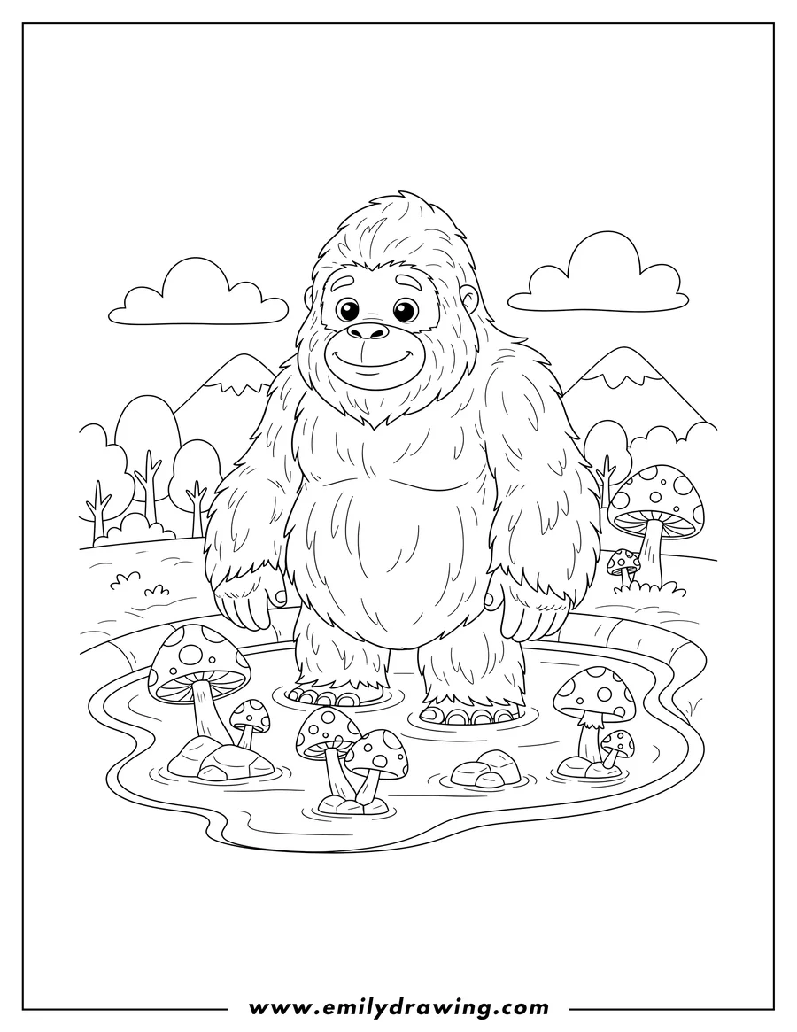 Black and white line art of hairy Yeti standing in a pond with spotted mushrooms